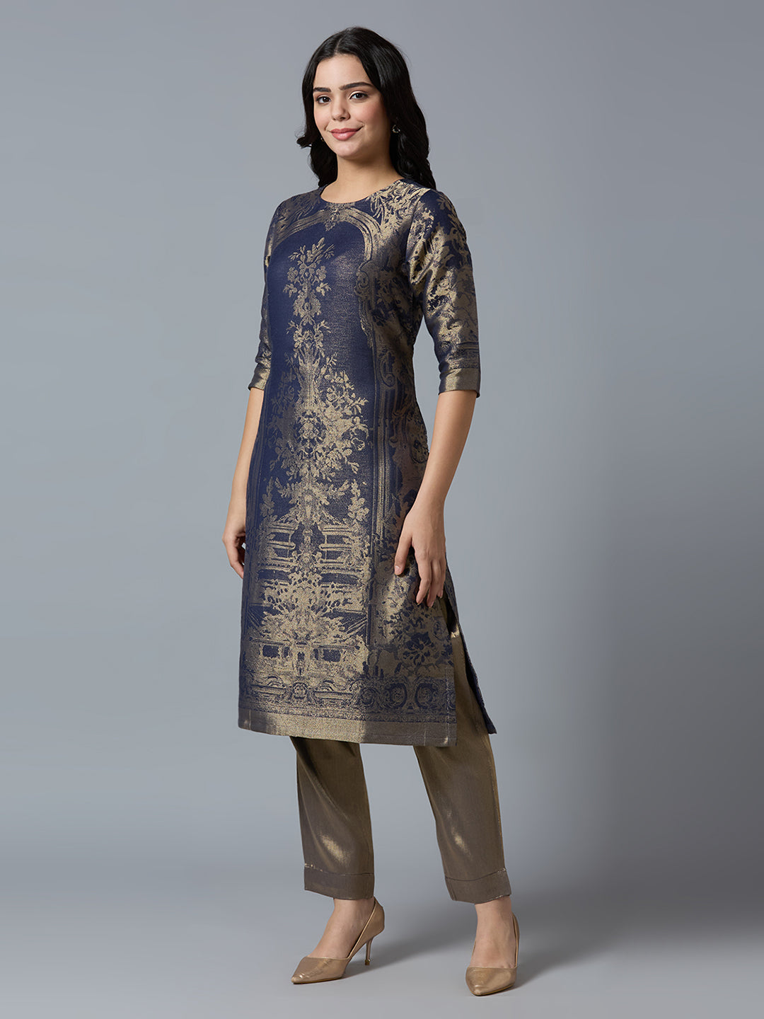 Brocade Navy Gold Placed Floral Design Kurti