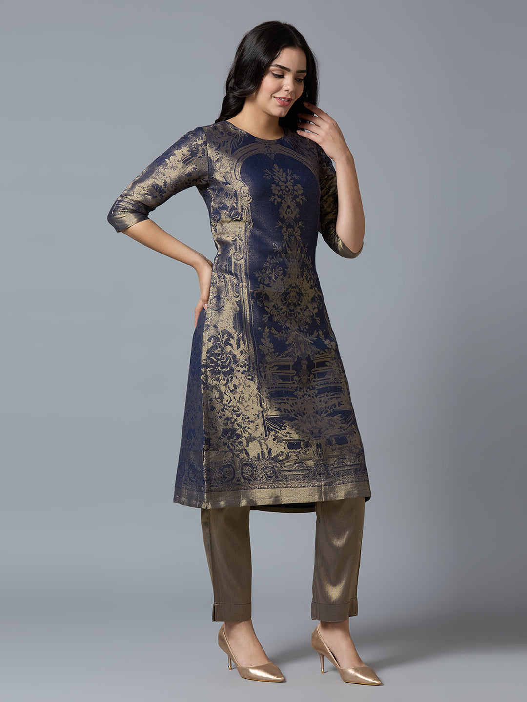 Brocade Navy Gold Placed Floral Design Kurti