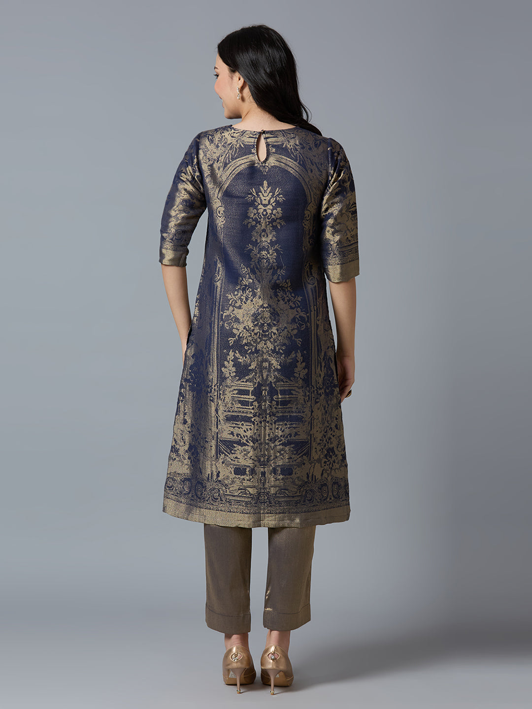 Brocade Navy Gold Placed Floral Design Kurti