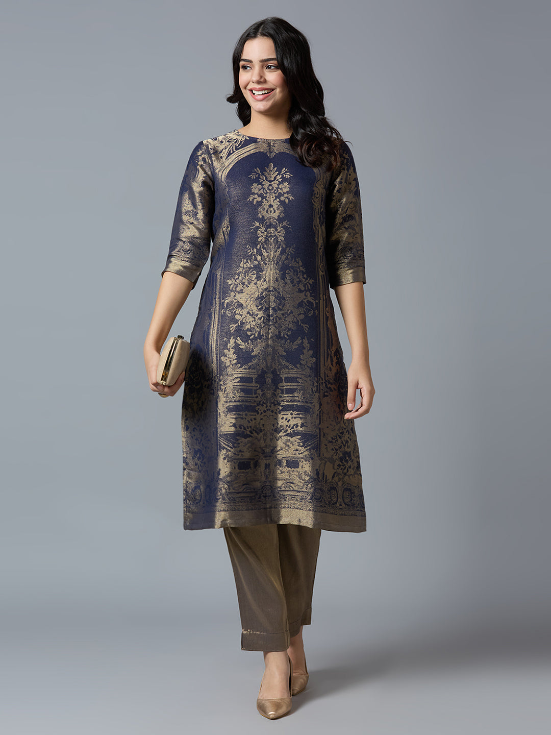 Brocade Navy Gold Placed Floral Design Kurti Set