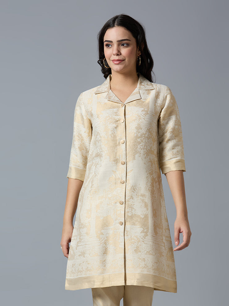 Brocade Off White Placed Design Kurta Set