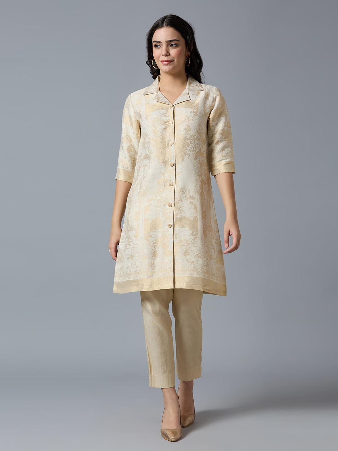 Brocade Off White Placed Design Tunic Kurti Set