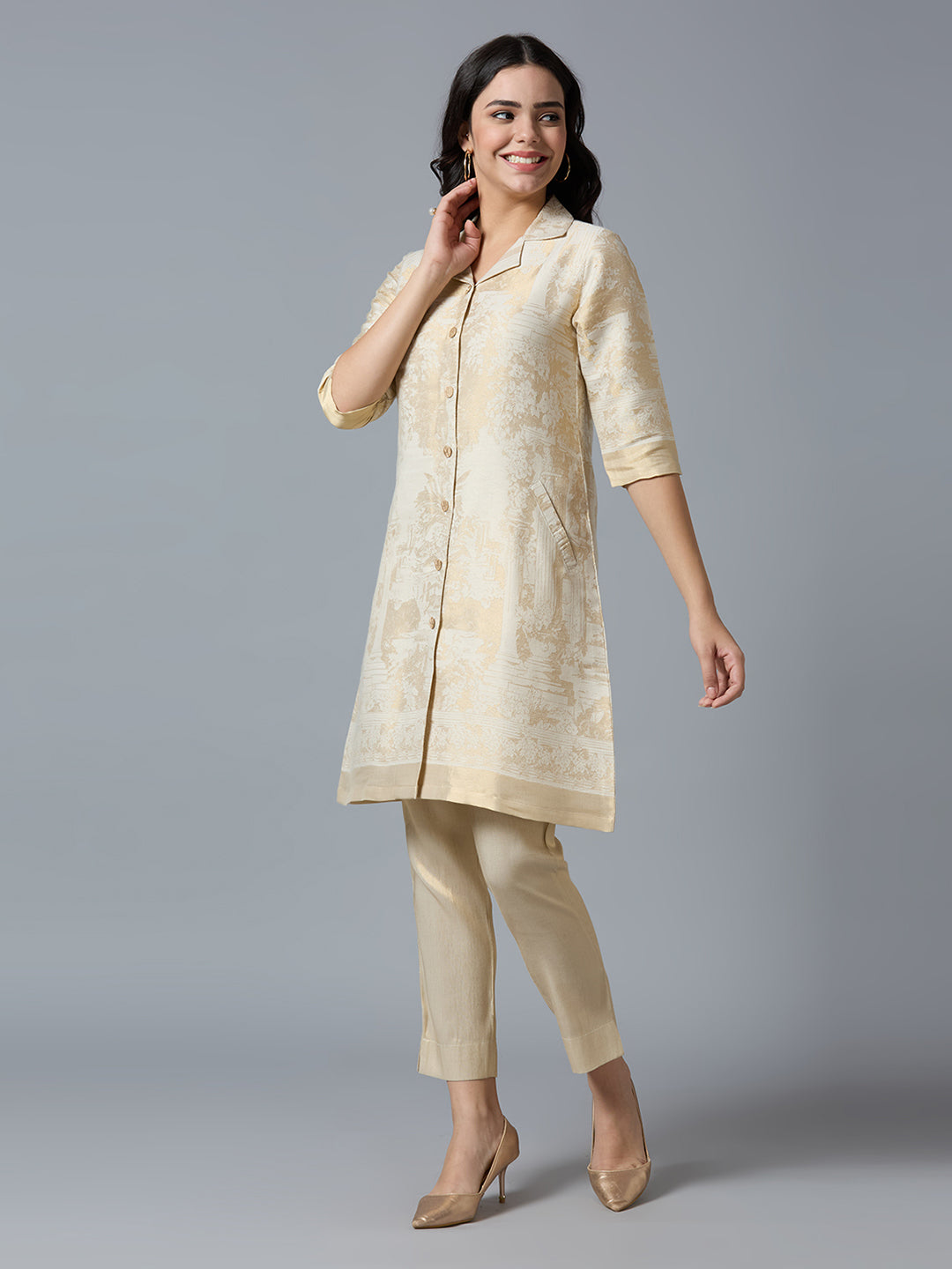 Brocade Off White Placed Design Tunic Kurta Set