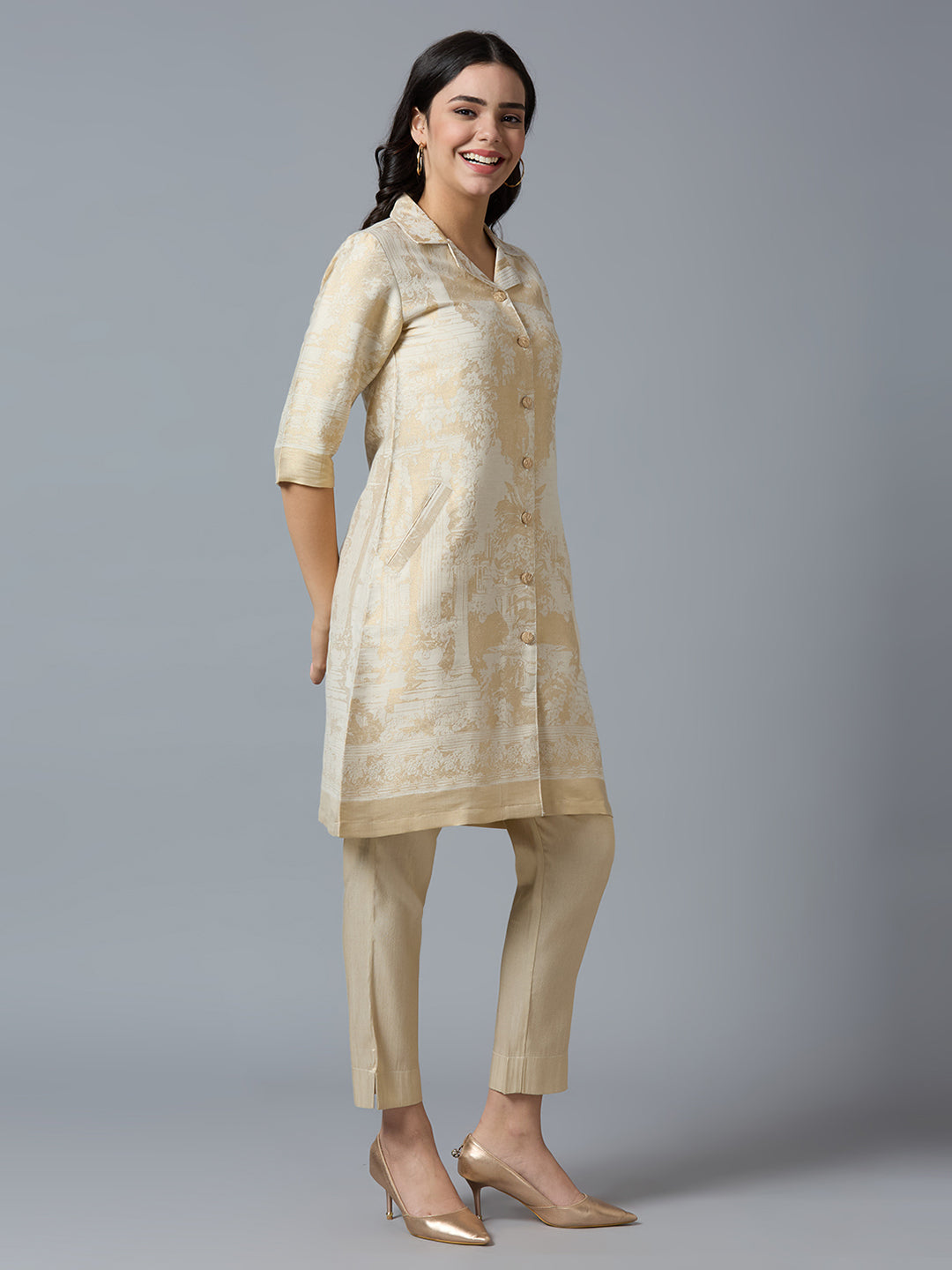 Brocade Off White Placed Design Tunic Kurta Set