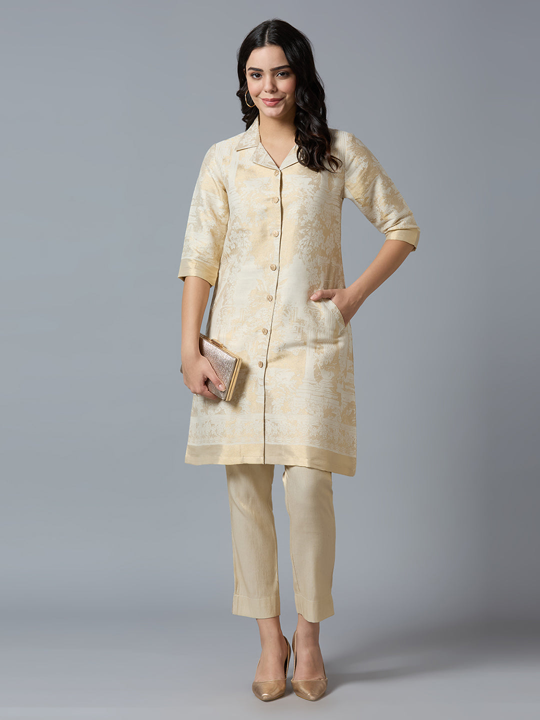 Brocade Off White Placed Design Kurta Set