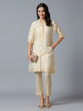Brocade Off White Placed Design Collared Button up Tunic Kurta