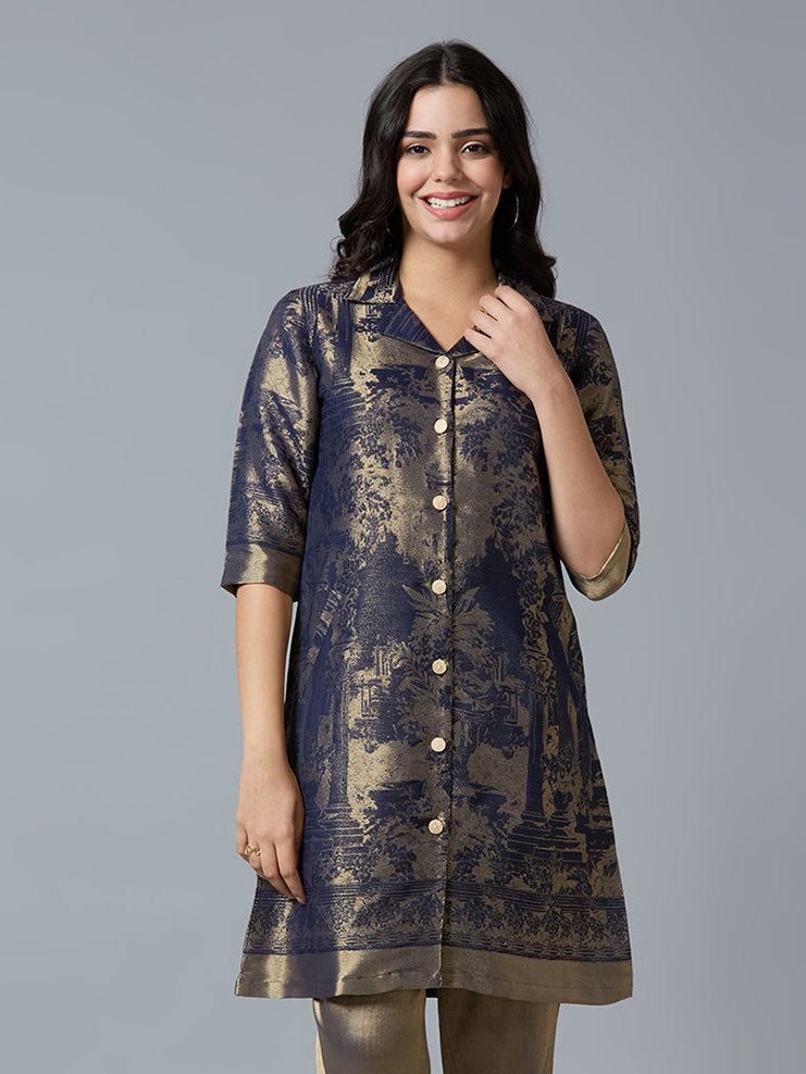 Brocade Placed Design Navy Gold Tunic Kurta