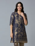 Brocade Navy Gold Placed Design Collared Button up Tunic Kurta