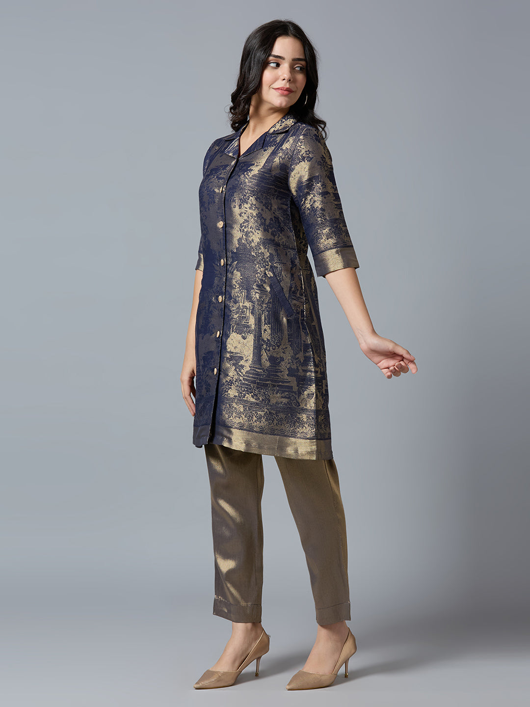 Brocade Navy Gold Placed Design Collared Button up Tunic Kurta