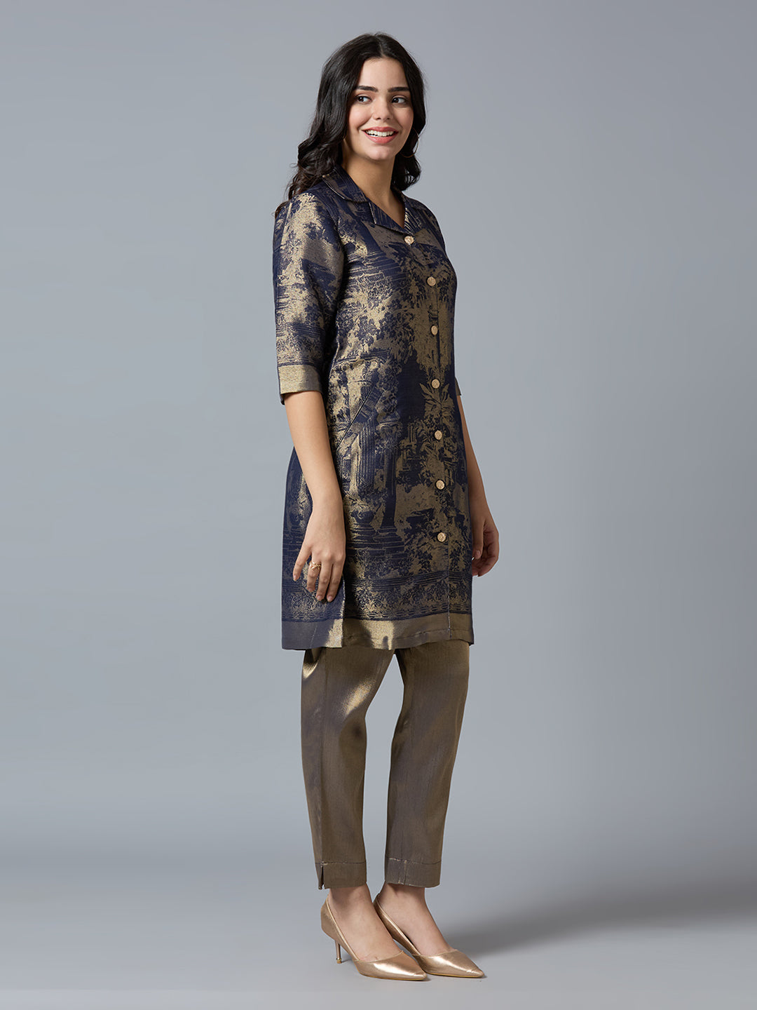 Brocade Navy Gold Placed Design Collared Button up Tunic Kurta