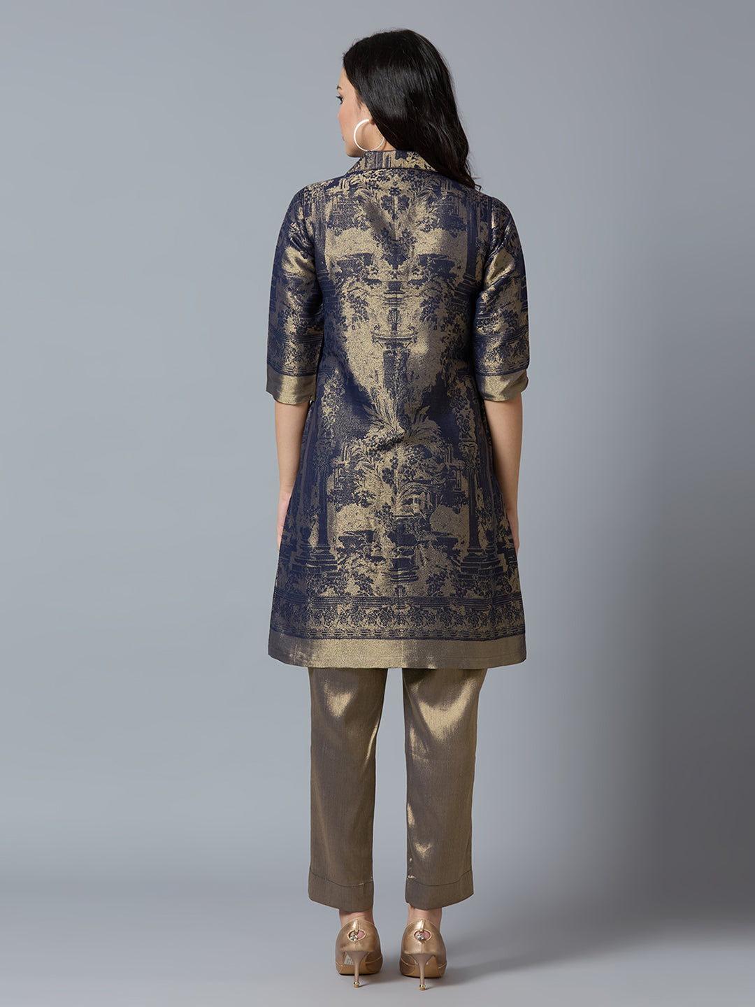 Brocade Navy Gold Placed Design Collared Button up Tunic Kurta