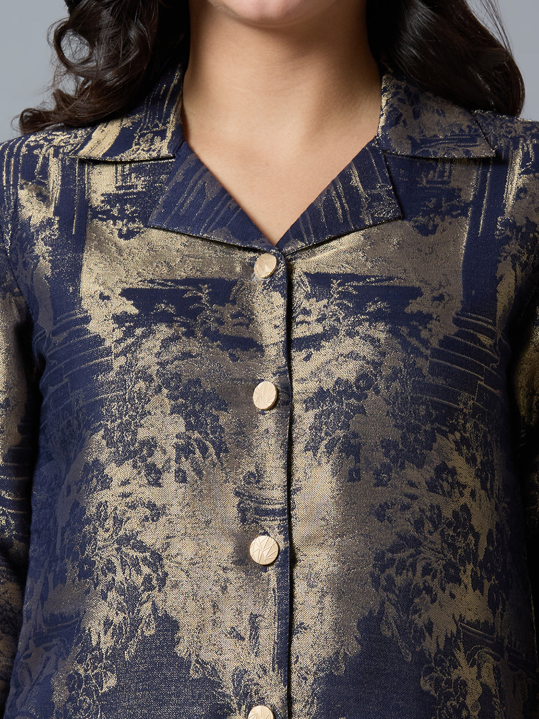 Brocade Navy Gold Placed Design Collared Button up Tunic Kurta