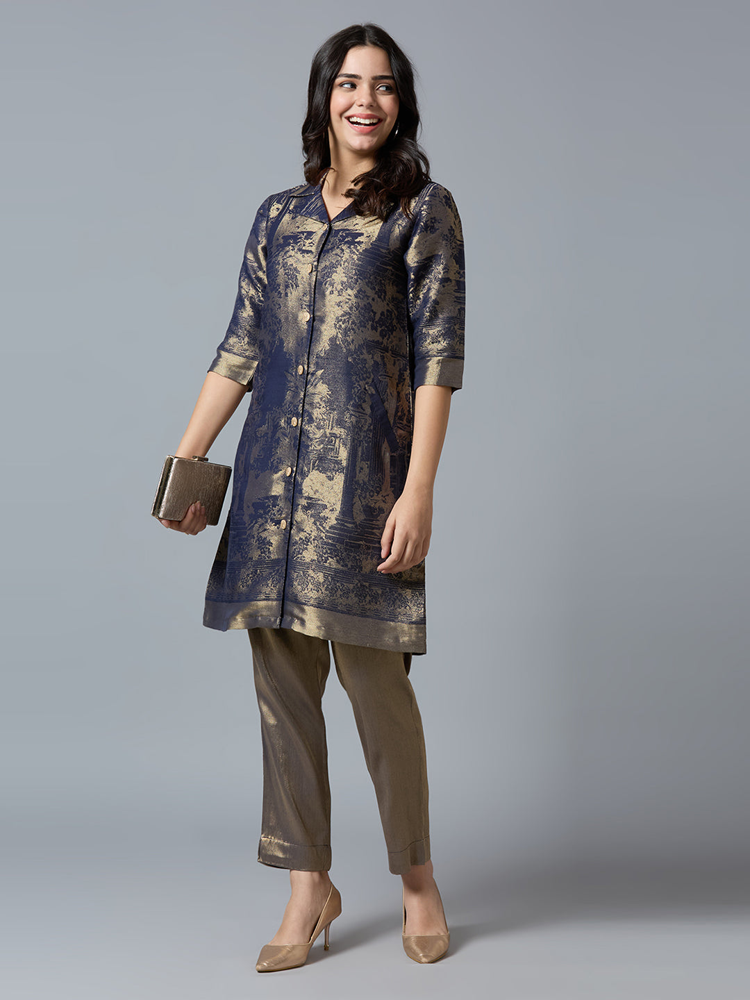 Brocade Navy Gold Placed Design Collared Button up Tunic Kurta