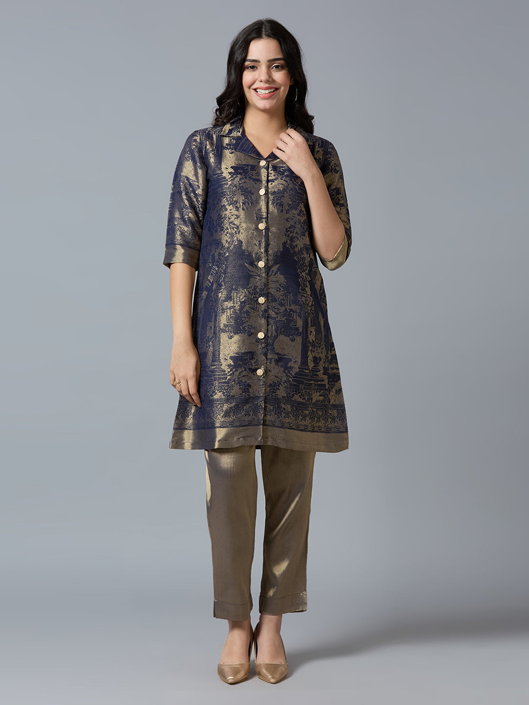Brocade Placed Design Navy Tunic Kurta Set