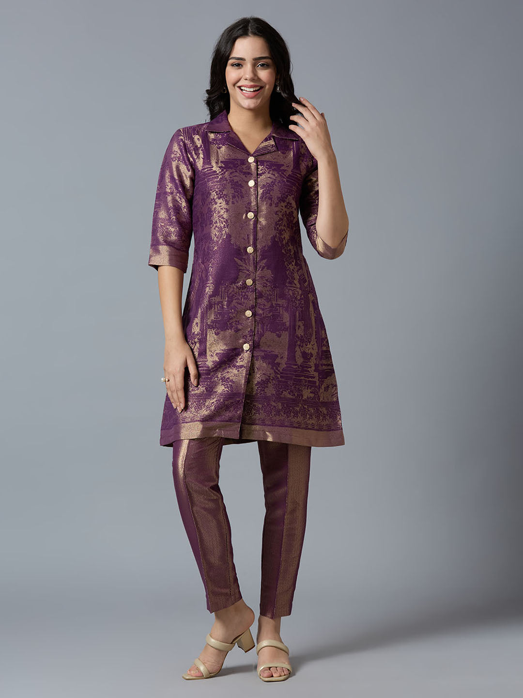 Brocade Deep Purple Placed Design Collared Button up Tunic Kurta