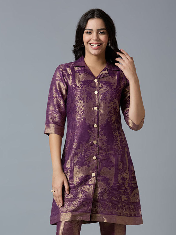 Brocade Placed Design Purple Tunic Kurta Set