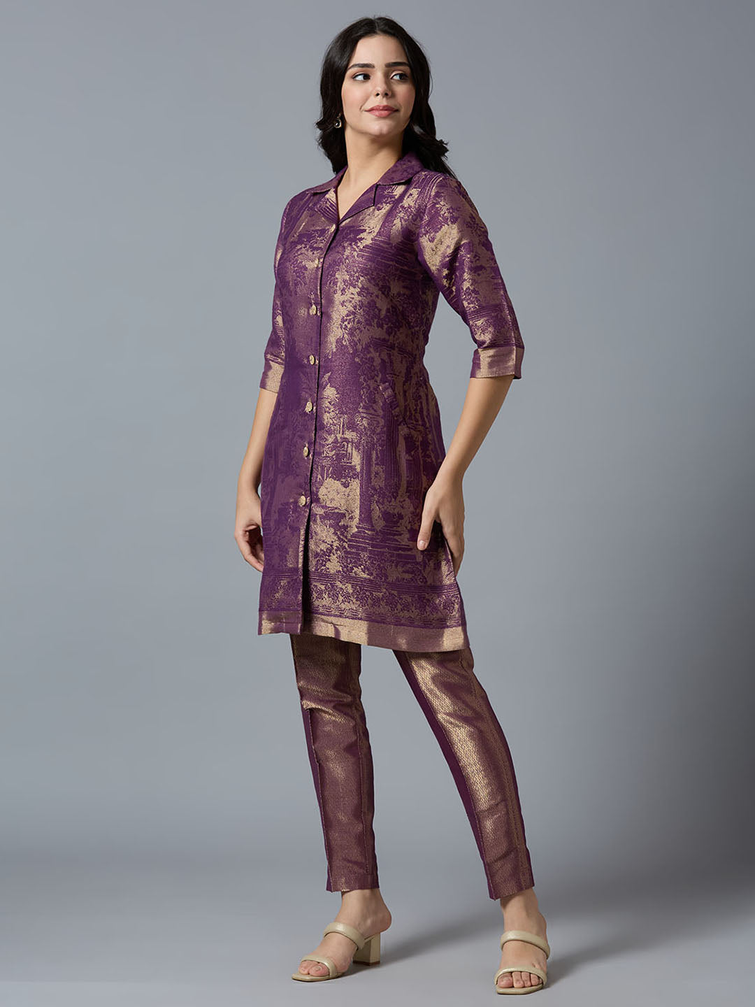 Brocade Deep Purple Placed Design Collared Button up Tunic Kurta