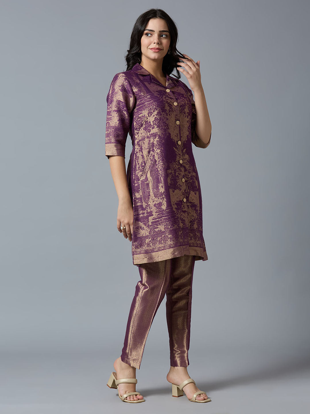 Brocade Deep Purple Placed Design Tunic Kurta Set