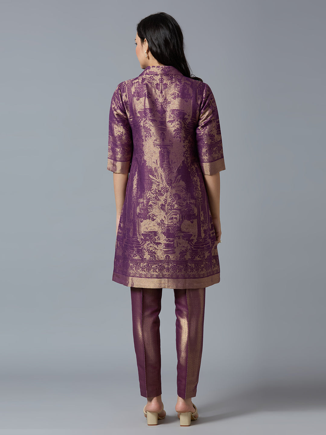 Brocade Deep Purple Placed Design Collared Button up Tunic Kurta