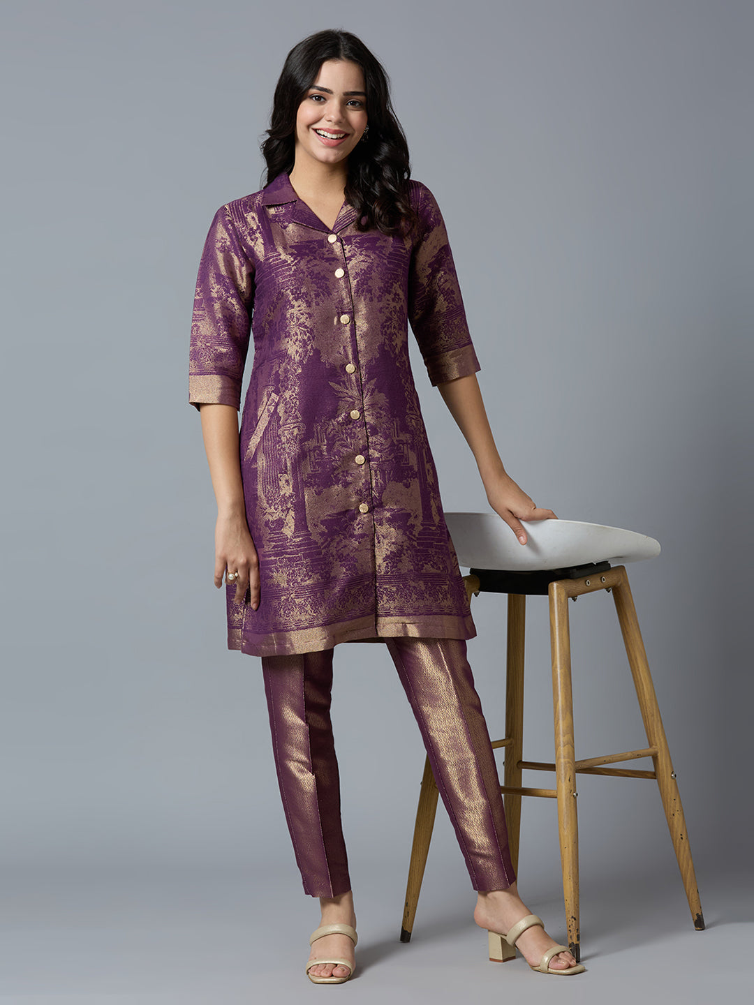 Brocade Placed Design Purple Tunic Kurta Set
