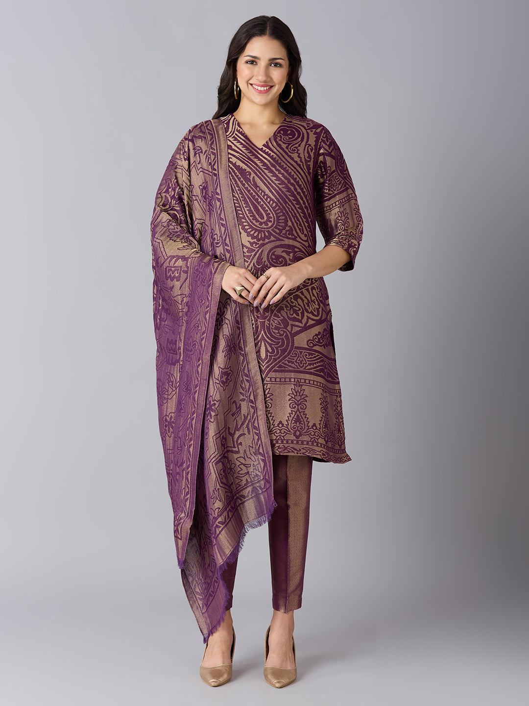 Brocade Paisley Design Purple Kurta Set