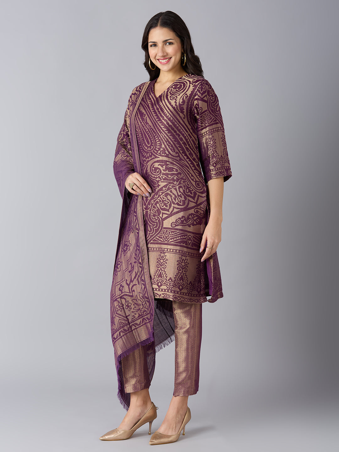 Brocade Paisley Design Purple Kurta Set