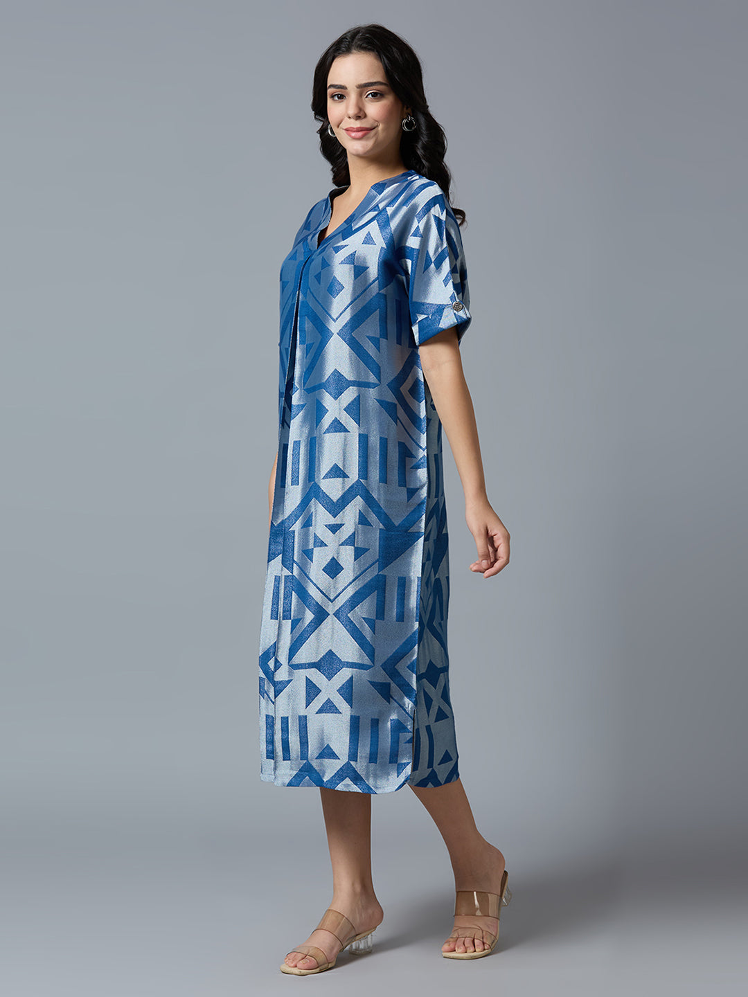 Denim Blue Silver Geometric Brocade Tunic Dress