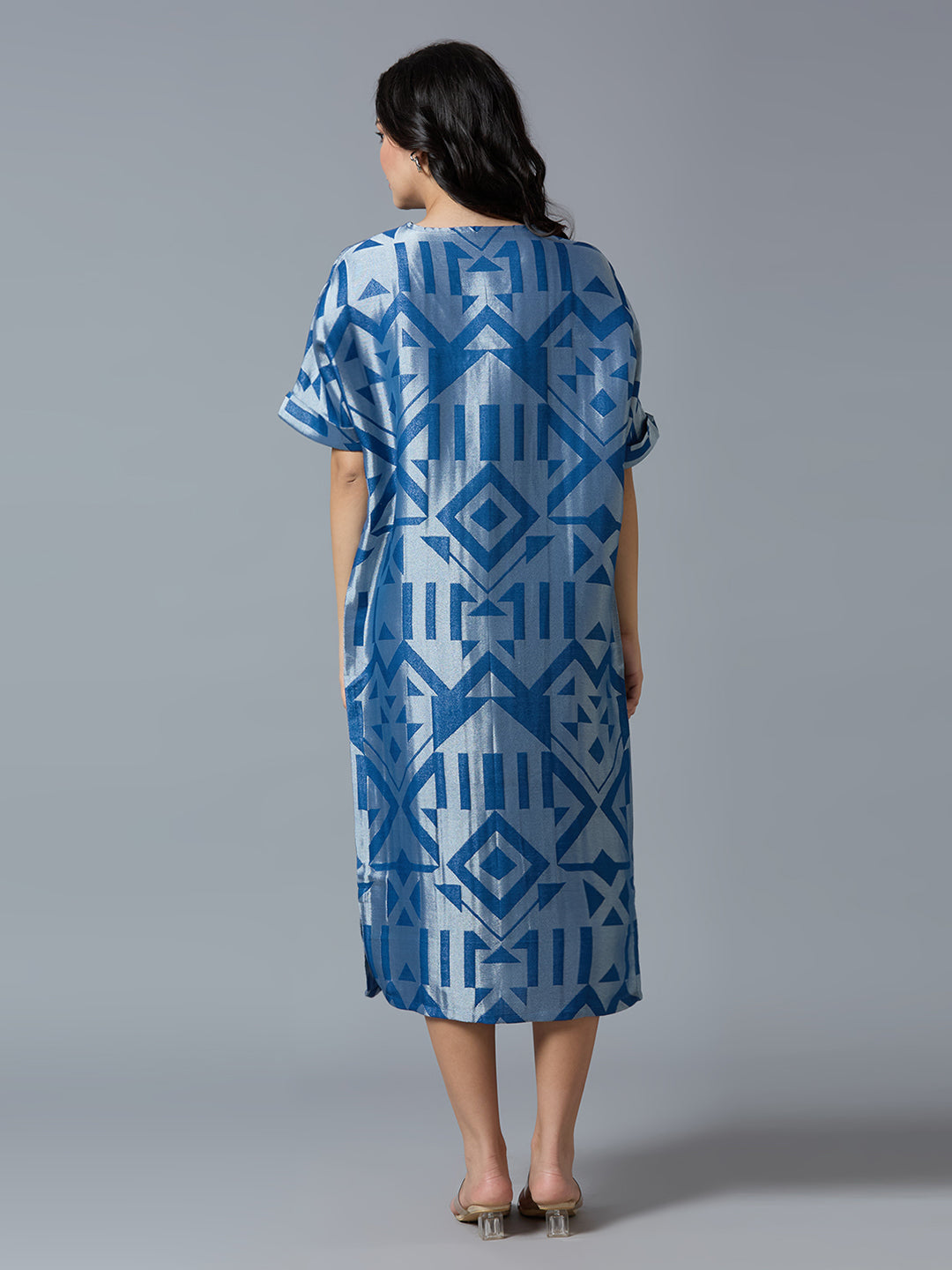 Denim Blue Silver Geometric Brocade Tunic Dress