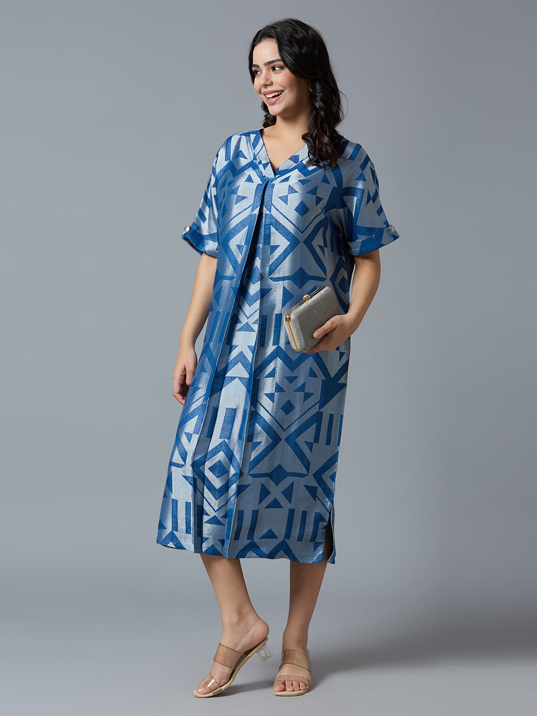 Denim Blue Silver Geometric Brocade Tunic Dress