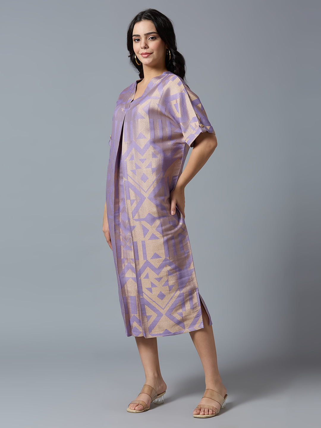 Lilac Gold Geometric Brocade Tunic Dress