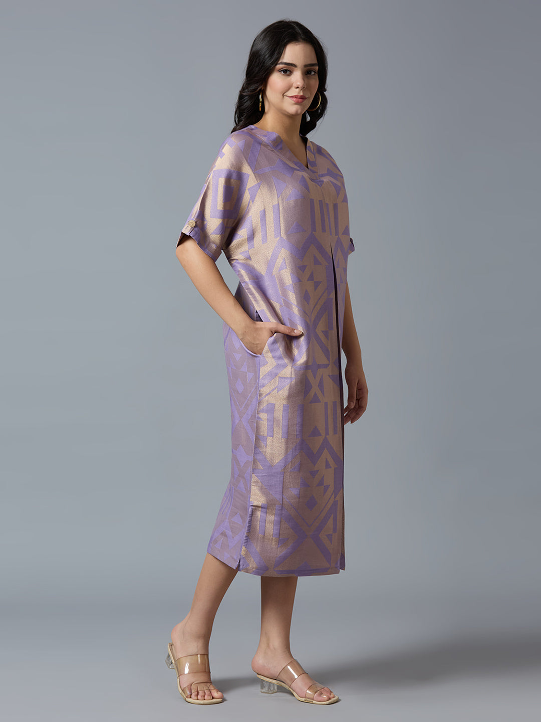 Lilac Gold Geometric Brocade Tunic Dress