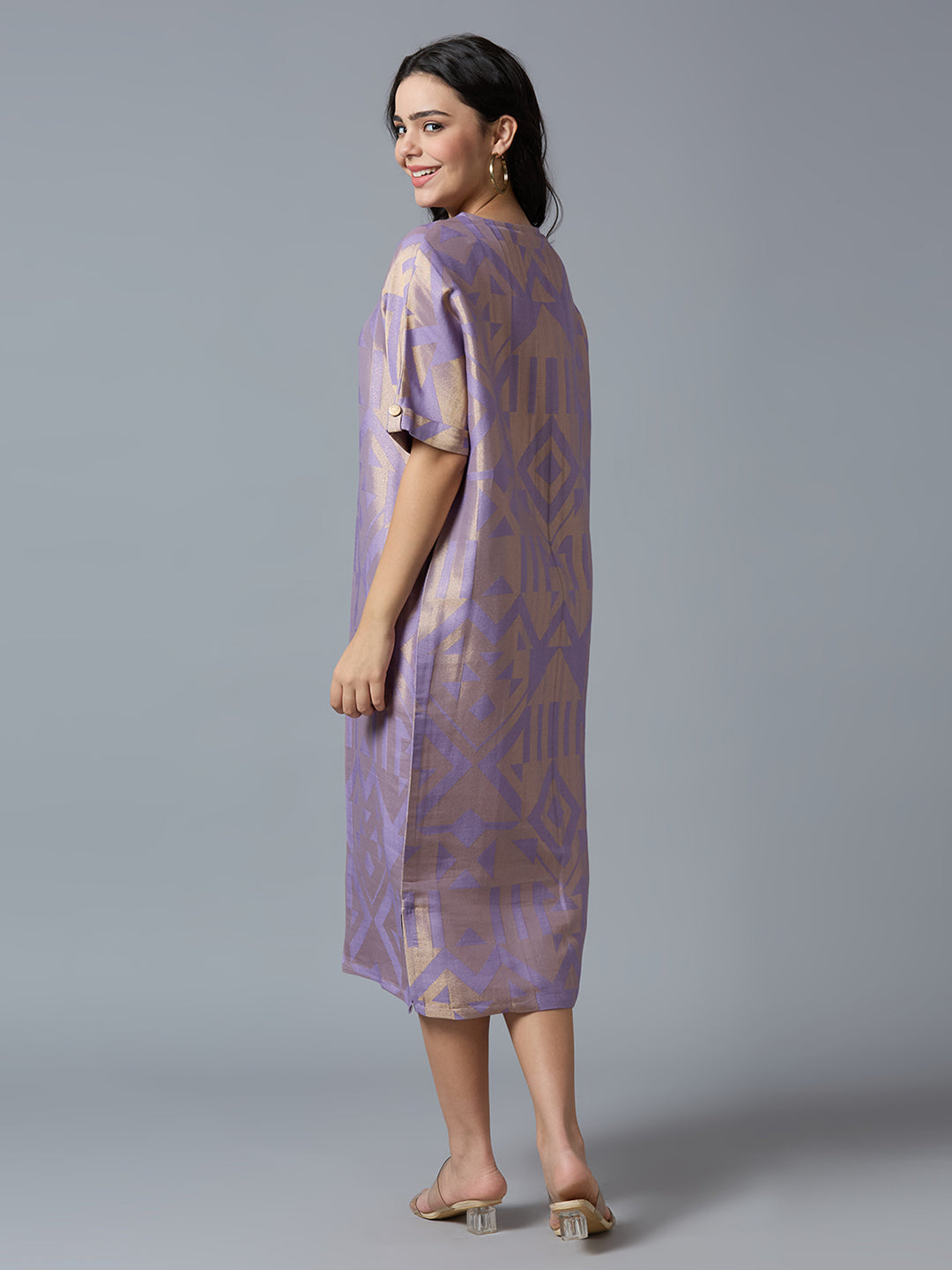 Lilac Gold Geometric Brocade Tunic Dress