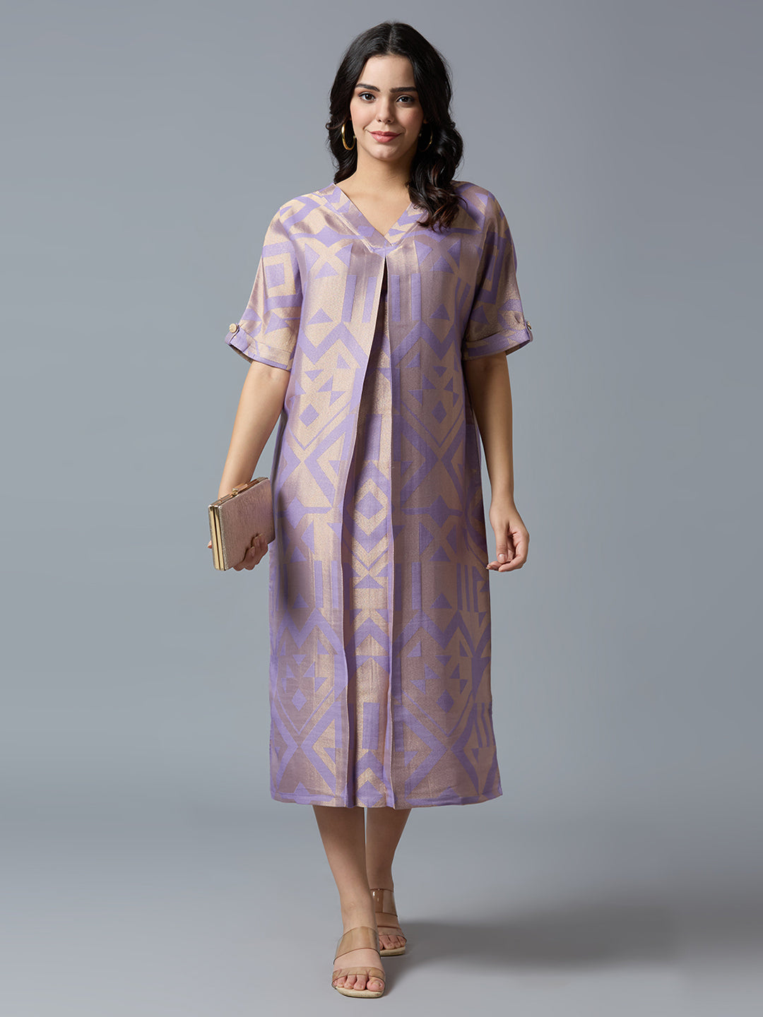 Lilac Gold Geometric Brocade Tunic Dress