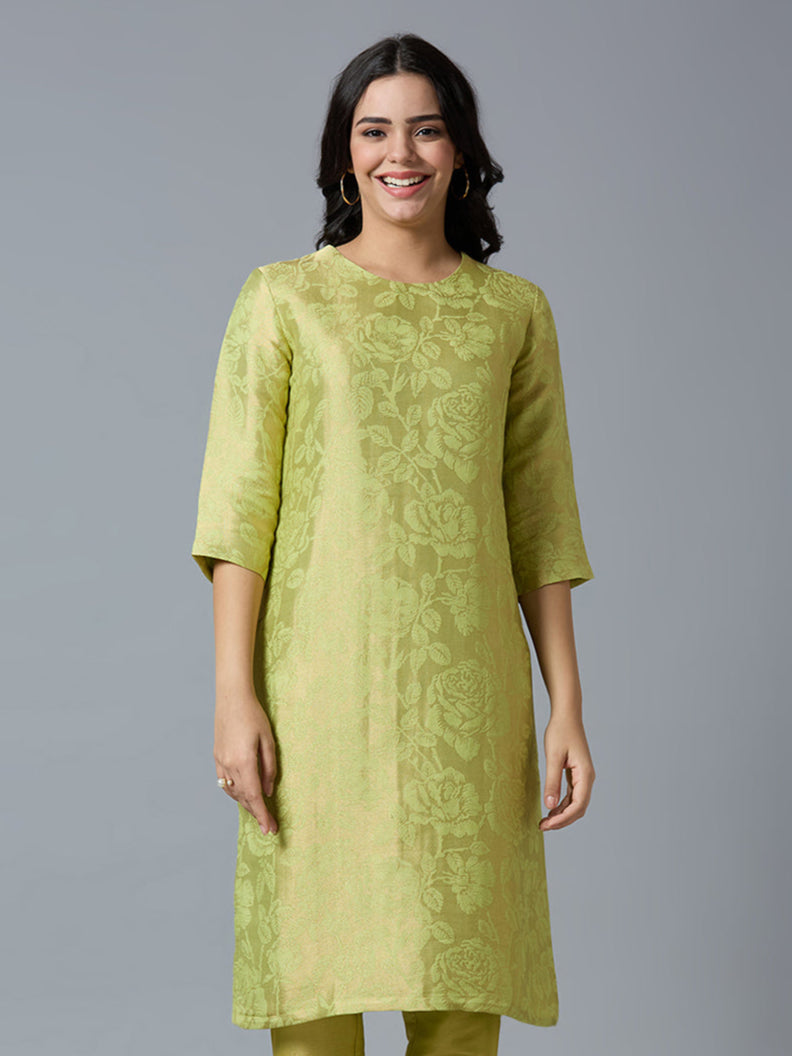 Brocade Rose Design Lime Kurta Set