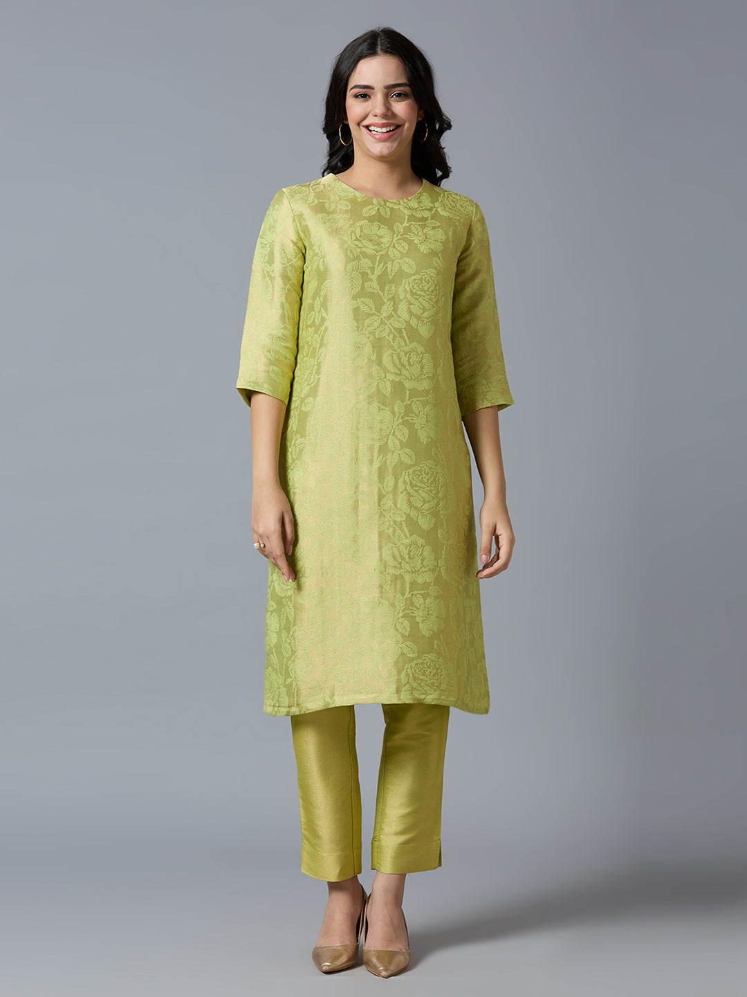 Brocade Lime Gold Rose Design Kurti