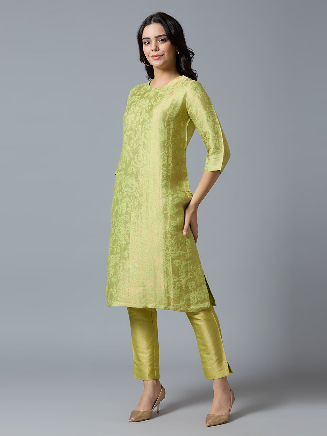 Brocade Lime Gold Rose Design Kurti