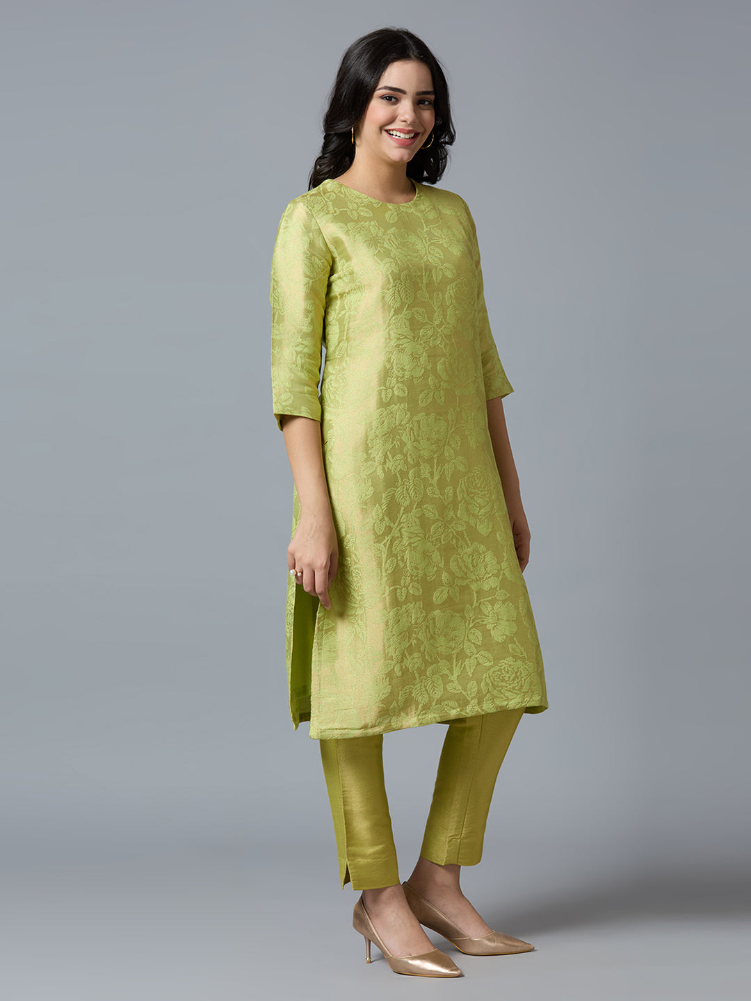 Brocade Lime Gold Rose Design Kurti