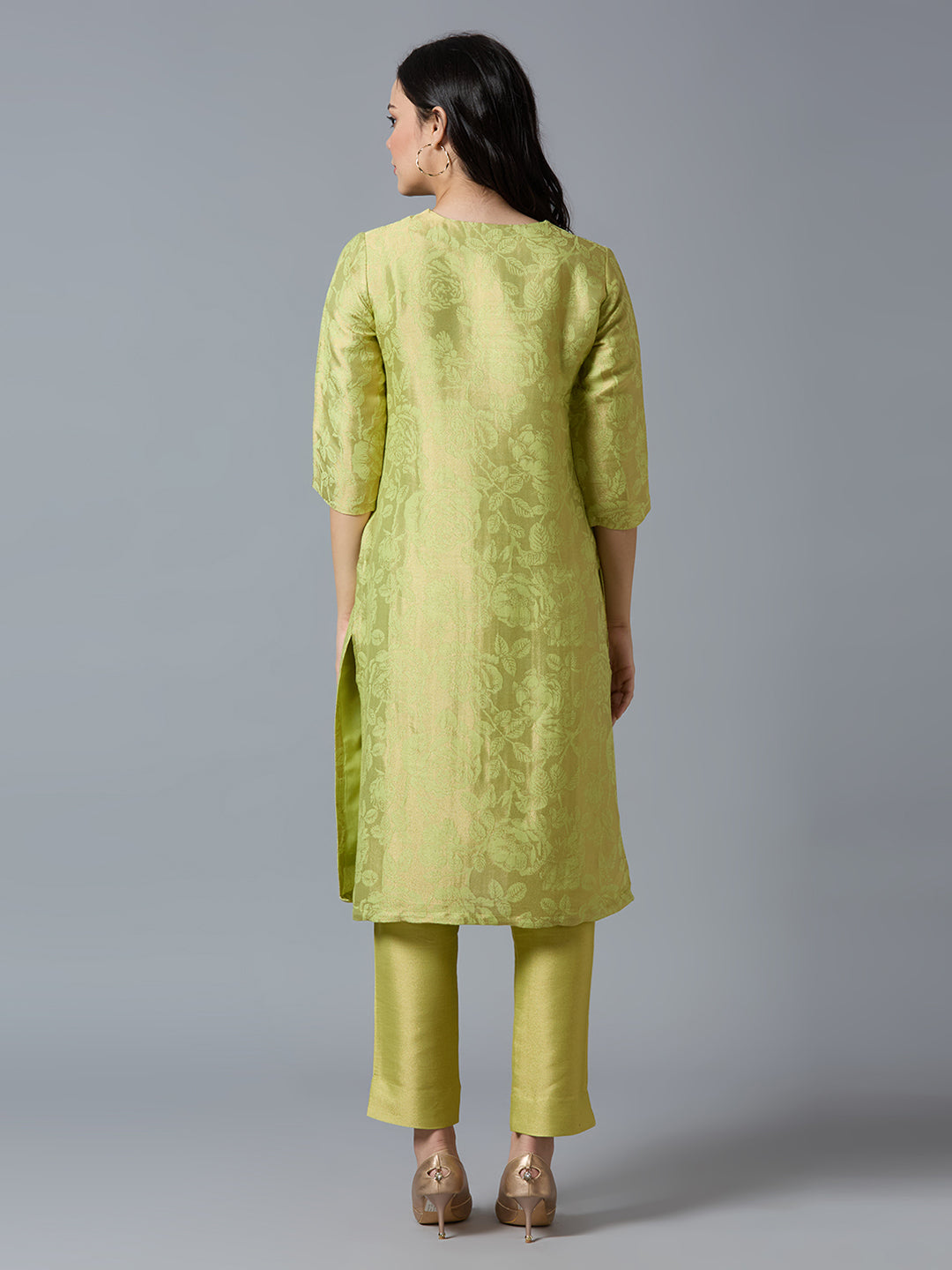 Brocade Lime Gold Rose Design Kurti