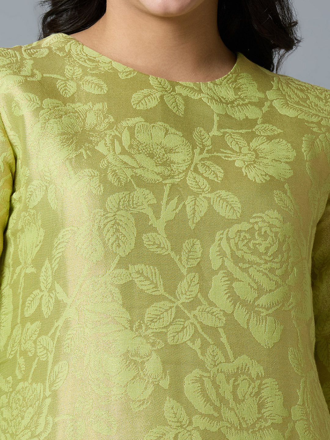 Brocade Lime Gold Rose Design Kurti