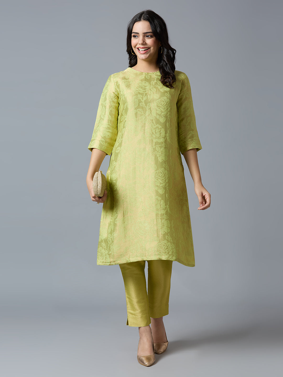 Brocade Rose Design Lime Kurta Set