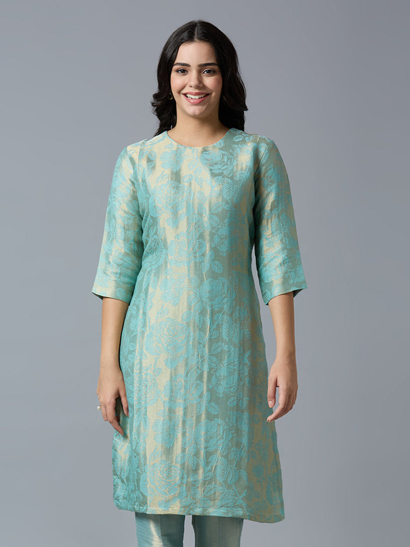 Brocade Rose Design Aqua Kurta