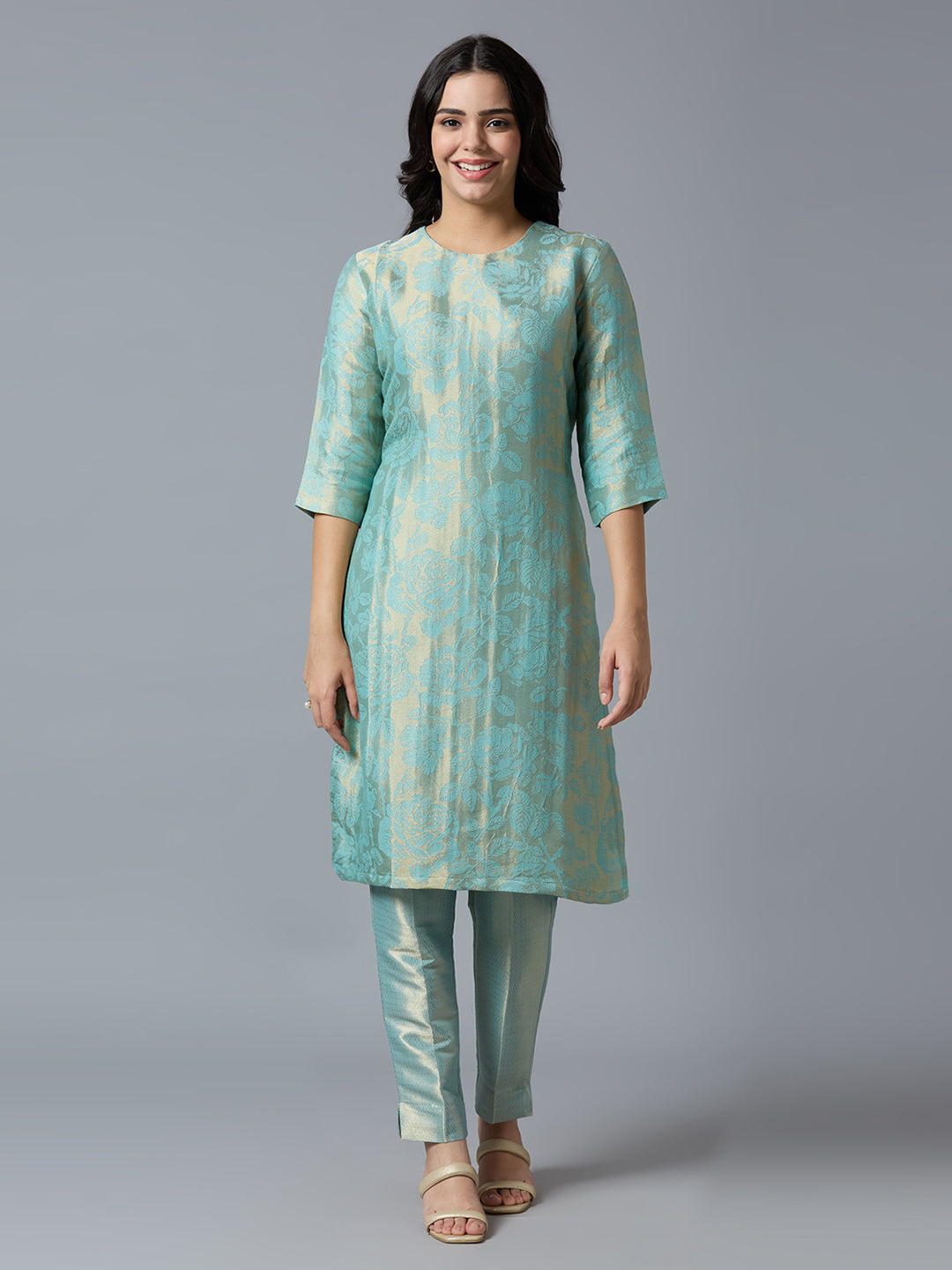 Brocade Aqua Gold Rose Design Kurti