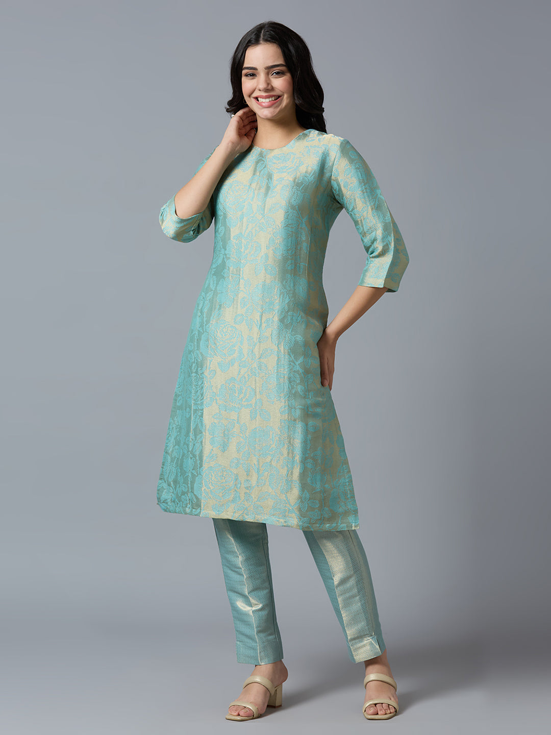 Brocade Aqua Gold Rose Design Kurta