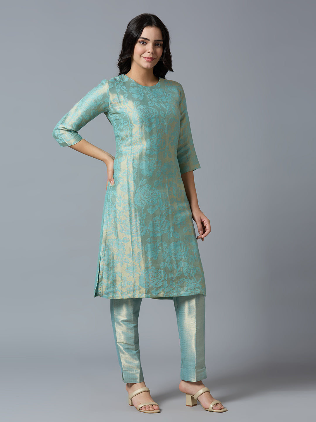 Brocade Aqua Gold Rose Design Kurta