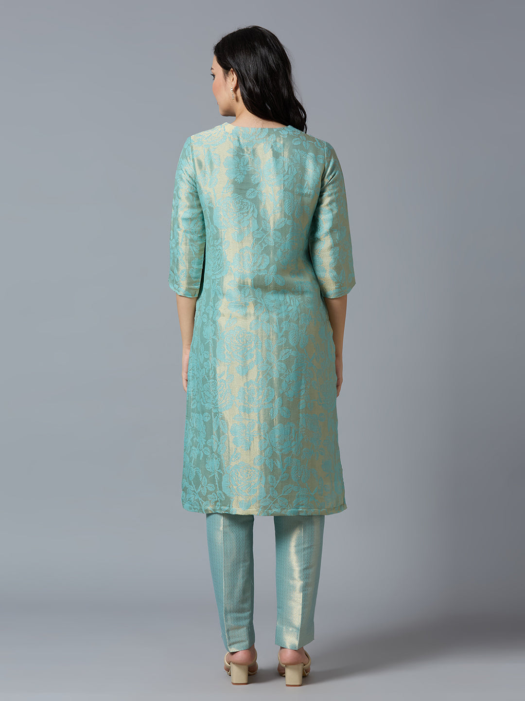 Brocade Aqua Gold Rose Design Kurti