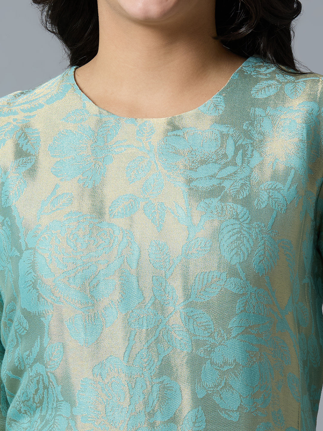 Brocade Aqua Gold Rose Design Kurti