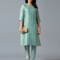 Brocade Rose Design Aqua Kurta Set