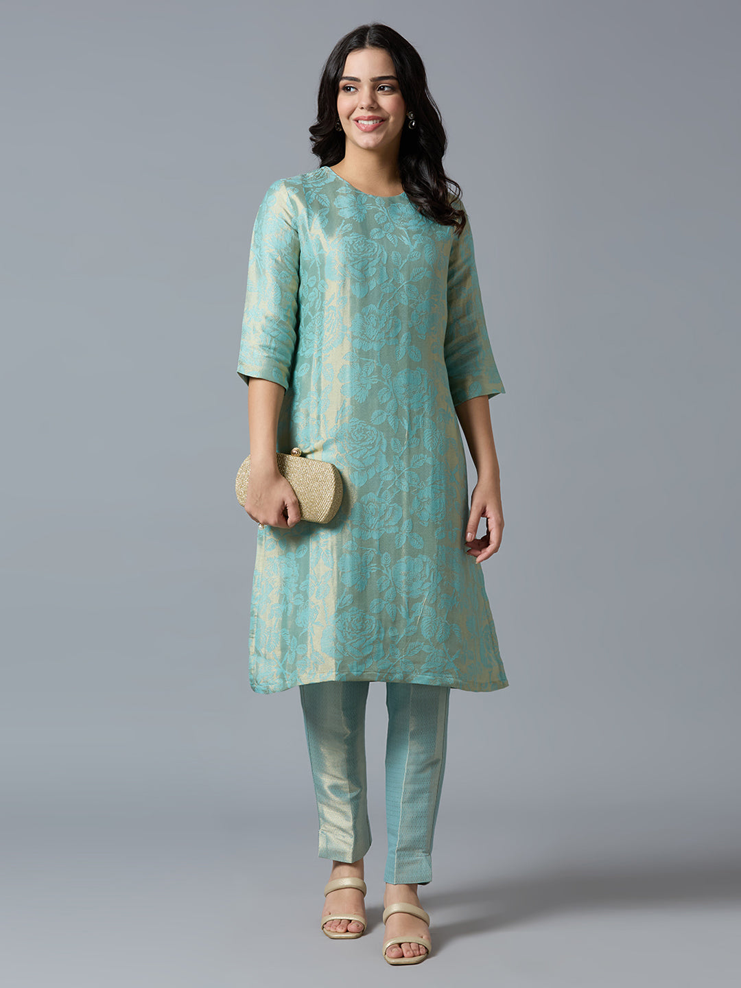 Brocade Rose Design Aqua Kurta