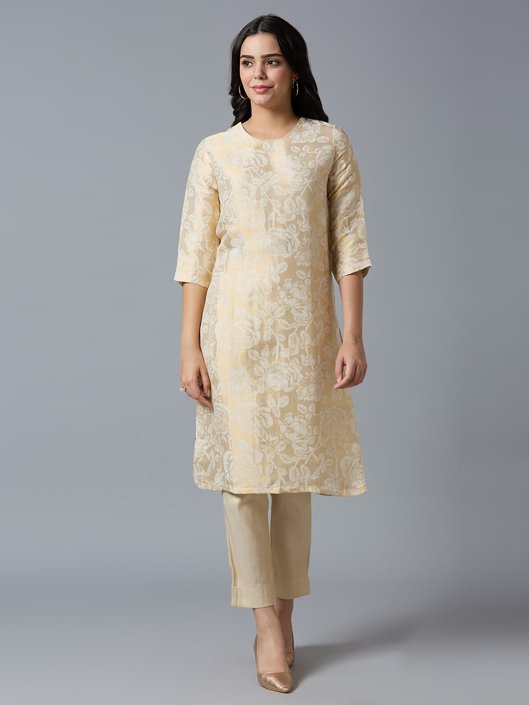 Brocade Off-White Gold Rose Design Kurti