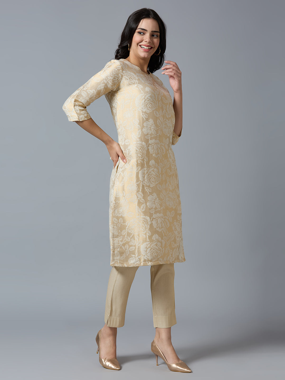 Brocade Off-White Gold Rose Design Kurti